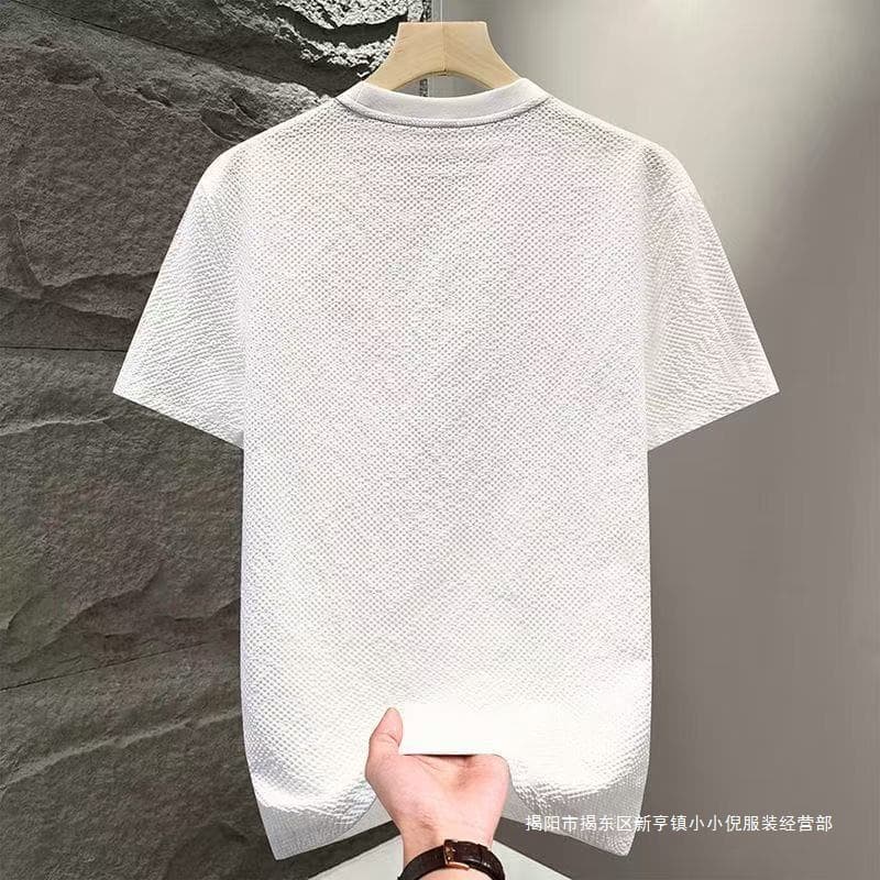 New Cross-border Summer Lightweight Textured Solid Color Crew Neck Men's Short Sleeve Fashionable Versatile Luxury T-Shirt