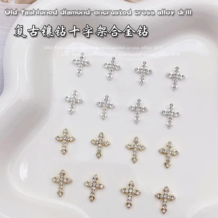Vintage Punk Style Alloy Cross Nail Art Accessories, Rhinestone Embedded Stickers, Korean Style Ins Elegant Decorative Pieces