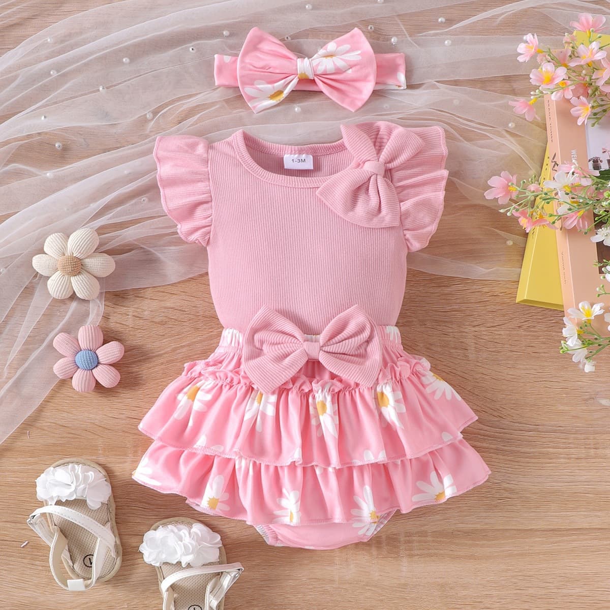 Baby Girl Summer Bow Romper Floral Two-Piece Dress Set Pink Short Sleeve Crawling Suit