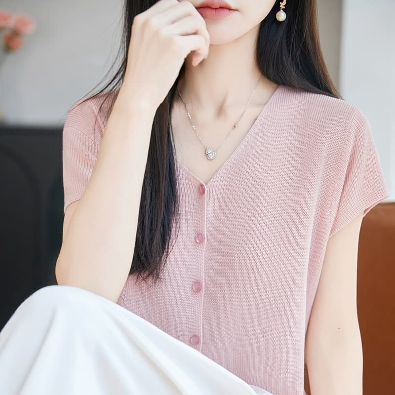 Tencel V-Neck Cardigan Top Women Knitwear Short Sleeve T-Shirt Fashion Plus Size Vest Thin Short Sleeve Sweater