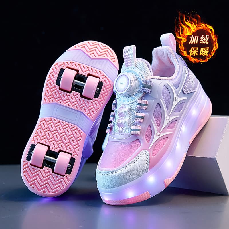 Girls' Heel Wheel Sneakers with Fleece Lining, Ages 5-12, Light-Up Charging, Winter New Style, Roller Shoes for Boys
