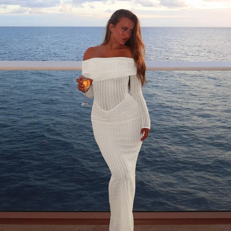 ZX25260 One-Shoulder Sexy Sheer Long-Sleeve Dress Women Ins European American Vacation Style Slim Fit Long Dress