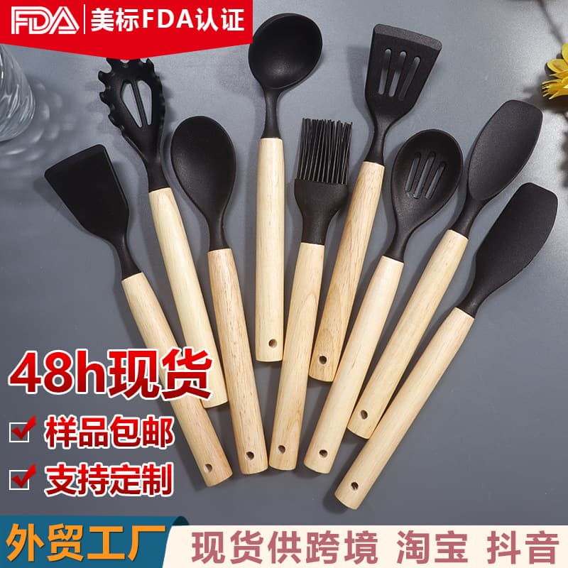Silicone Spatula and Soup Spoon with Wooden Handle, Non-Stick Cookware Silicone Spatula, Anti-Slip and Heat-Resistant Silicone Kitchen Utensils Wholesale