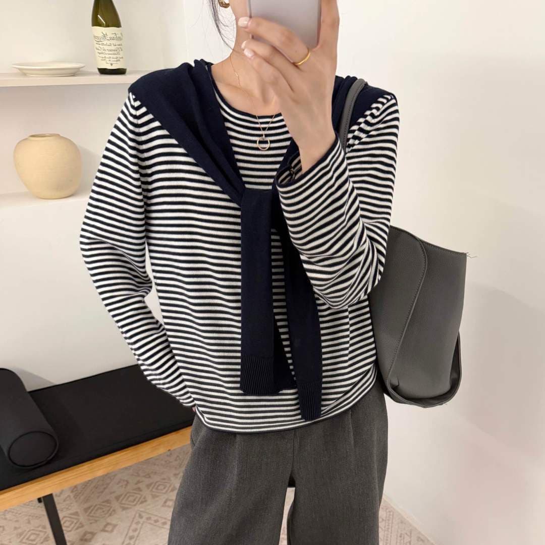 Lazy Style Contrast Stripe Knit Sweater and Shawl Two-Piece Set for Women, Autumn/Winter Loose Fit Slimming Casual Base Layer