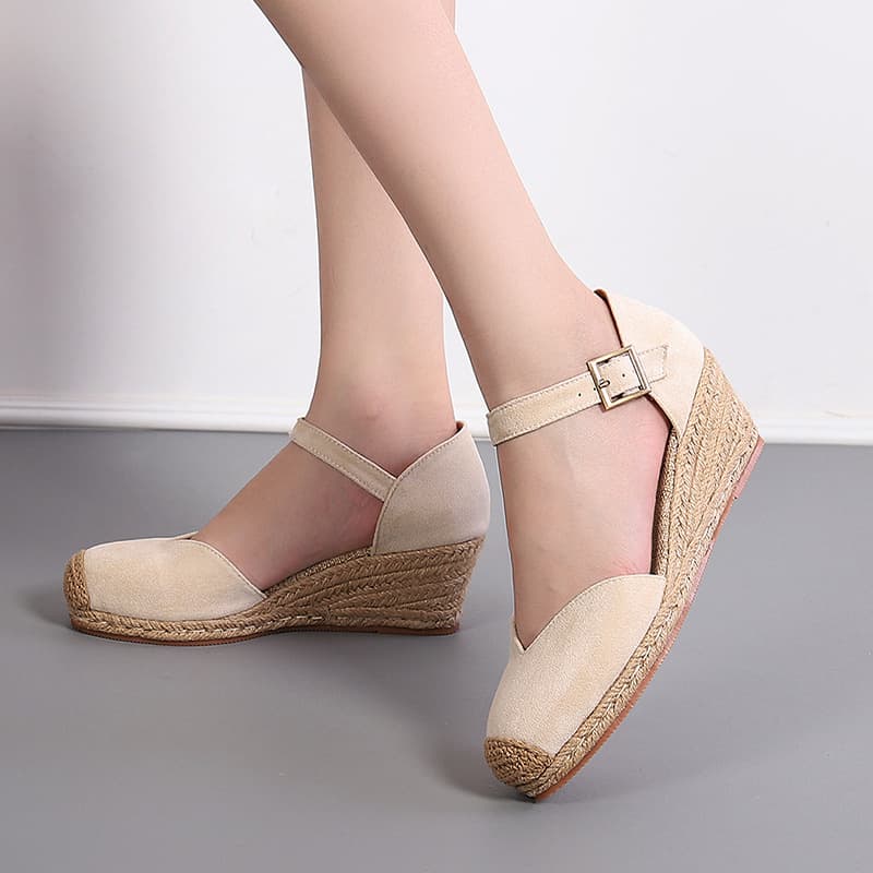 Women's Fisherman Sandals with Wedge Heel, New Spring/Autumn Suede One-Strap High Heel Open-Toe Espadrille Cross-Border Style
