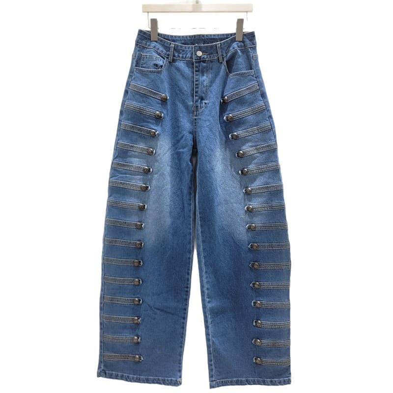 American High-Street Heavy-Duty Side Cutout Buttoned Jeans, Retro Blue Multi-Rivet Loose Wide-Leg Long Pants