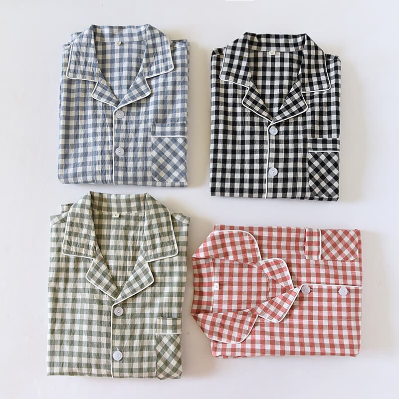 Japanese Plaid Couple Pajamas Women Spring Autumn Pure Cotton Thin Style Summer Men Winter Long Sleeve Homewear Set
