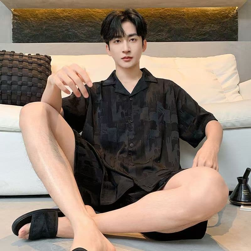 Men's Summer Ice Silk Short-Sleeved Pajamas for Teens, Simulated Silk, Plus Size, Light Luxury Loungewear Set