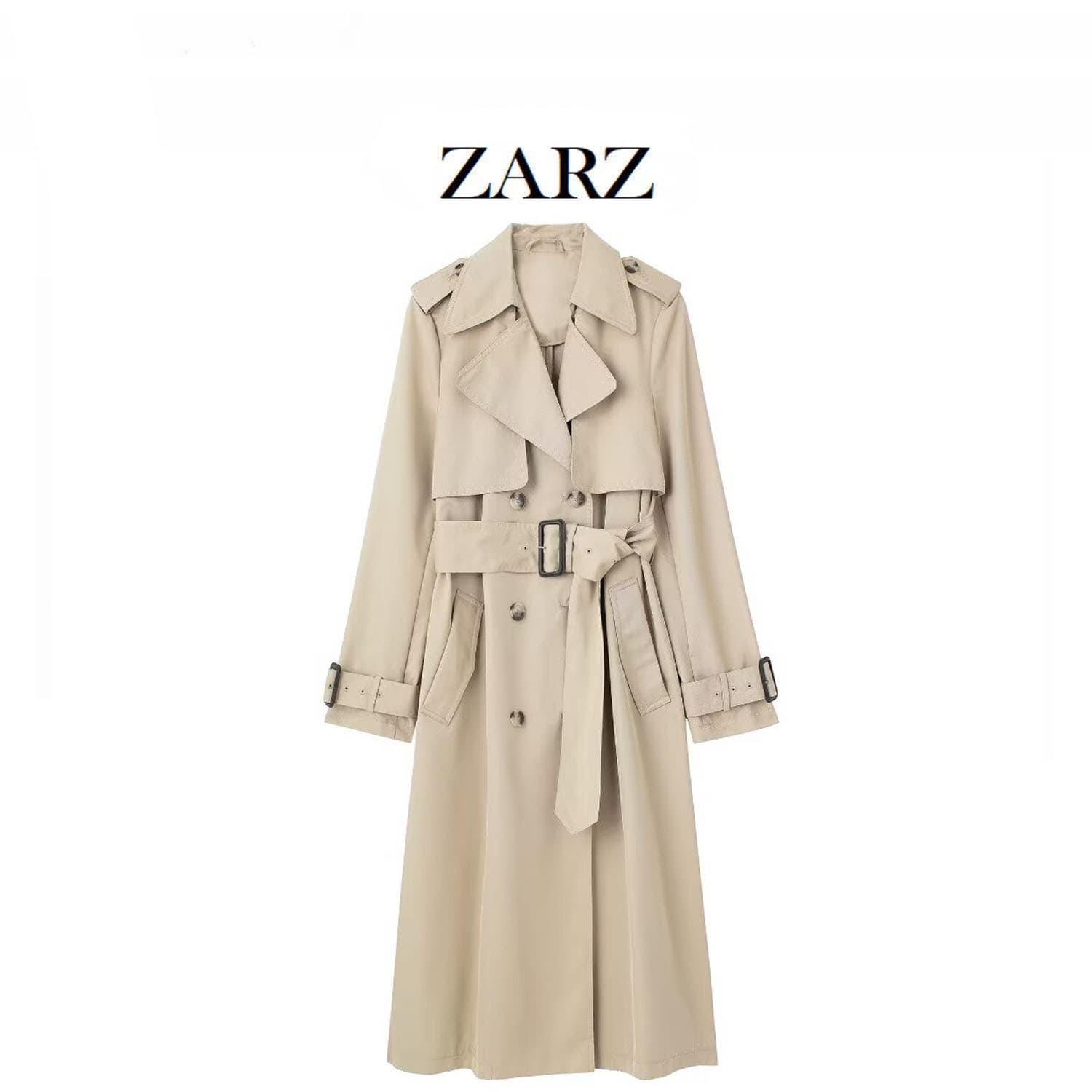 Fashionable Belted Windbreaker Coat European Style Women's Clothing Versatile Series Polyester Fabric Pure Color Medium Thickness Loose Fit