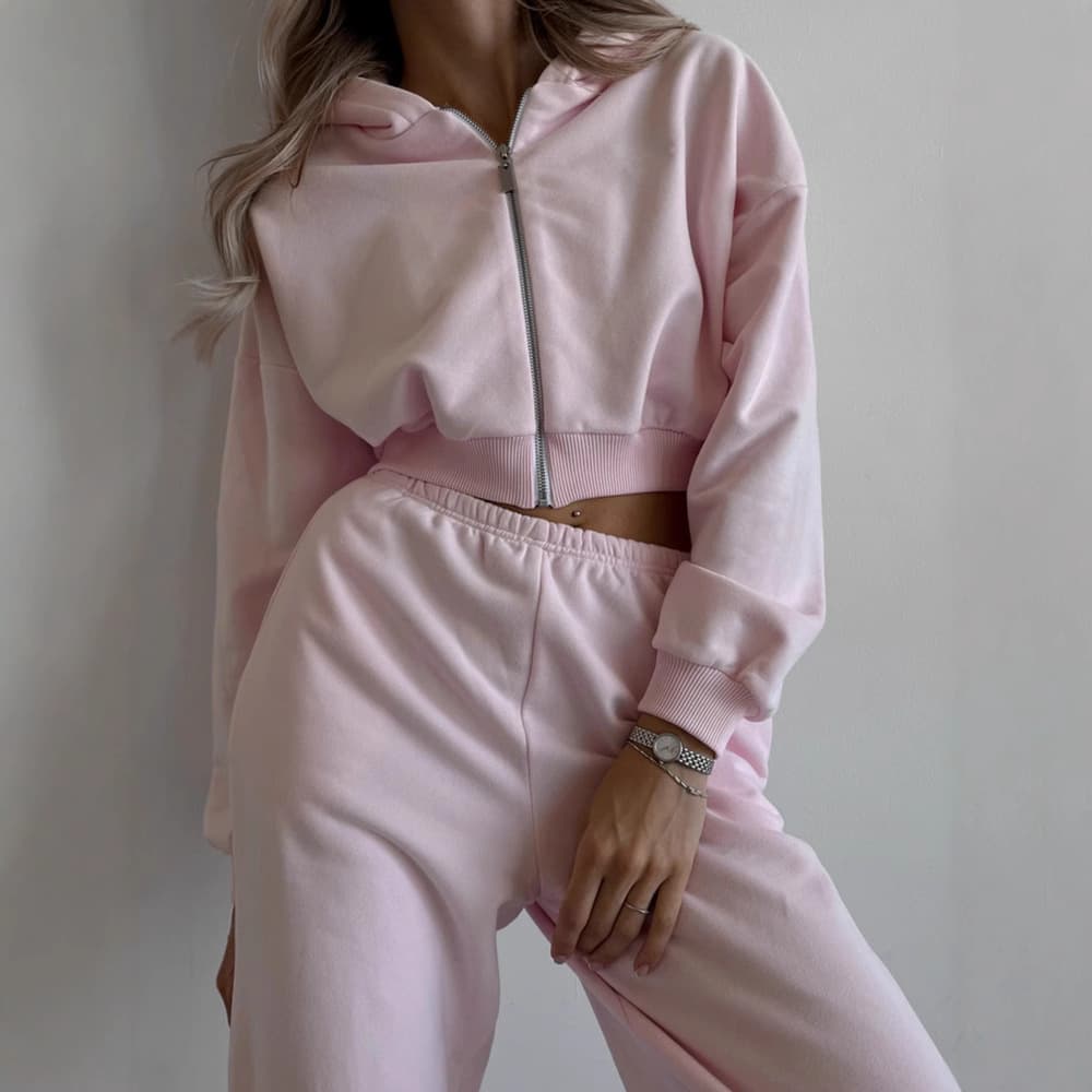New European and American Style Casual Solid Color Women's Two-Piece Set: Long-Sleeve Hooded Cardigan Sweatshirt with Elastic Waist Sweatpants