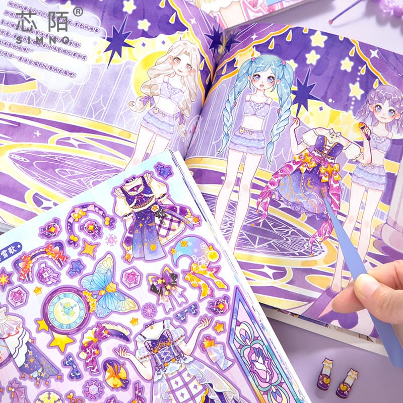 Xinmo Girl Dress-Up Sticker Book Cute Under the Moon Stickers Children Little Girl Character Toy Journal Printing