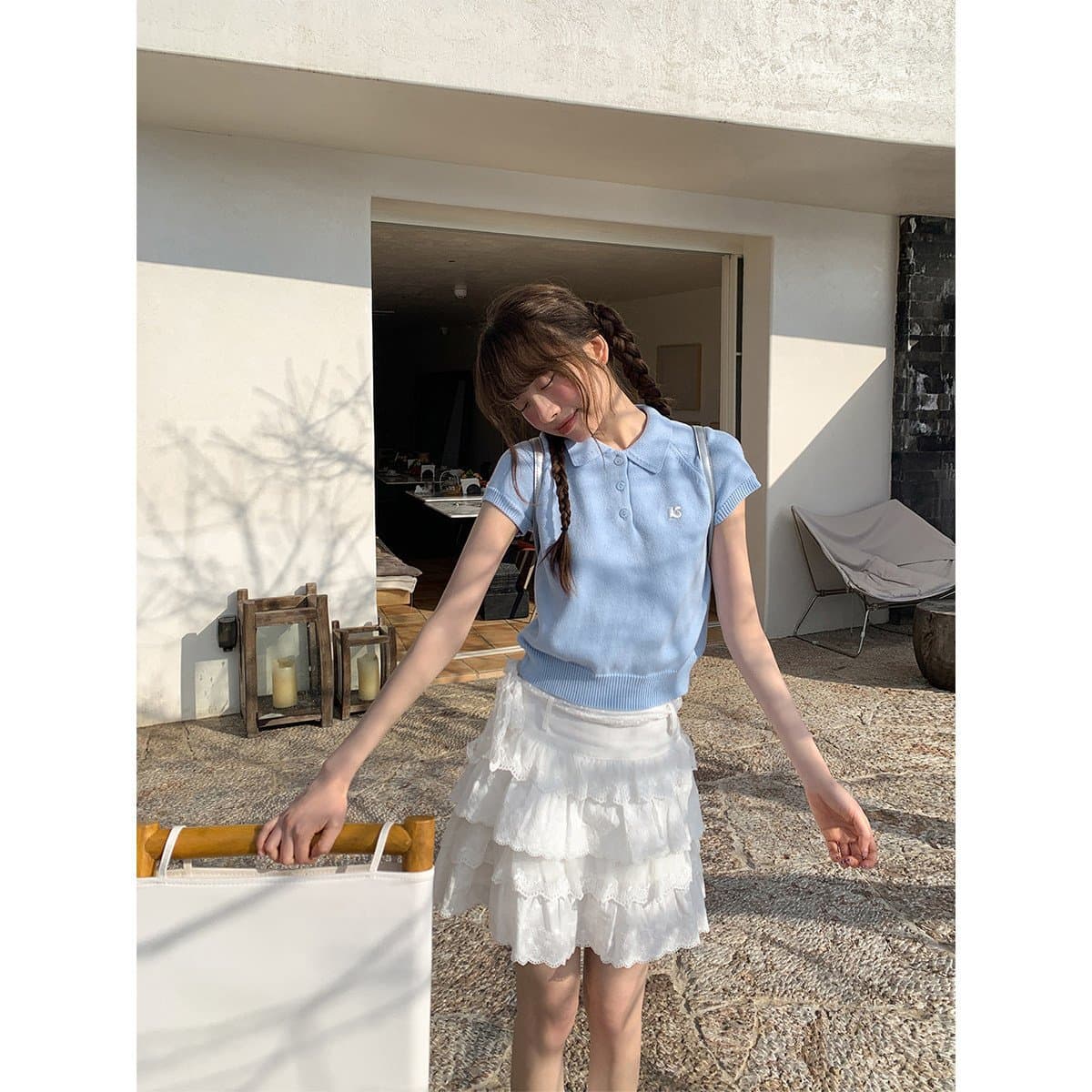 Vintage Embroidered Polo Collar Knit Top for Women, Summer Casual Short Sleeve T-Shirt, Cropped Blouse