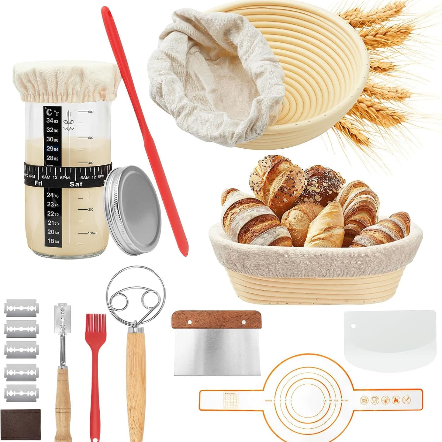 Amazon 18-Piece Fermentation Basket Set European-Style Rattan Fermentation Basket Baking Tools Round Bread Basket