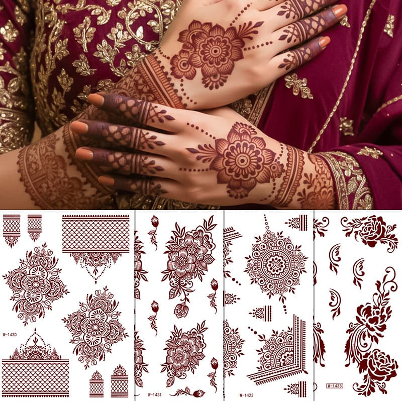 Cross-border Red-Brown Lace Tattoo Sticker Waterproof European and American Henna Flower Temporary Tattoo Sticker Henna Tattoo