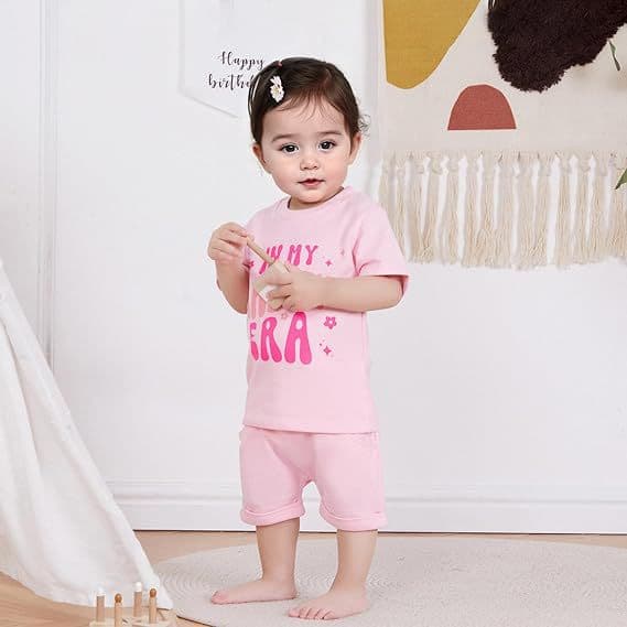 New Summer Children's Letter Print 'In My One Year Old Era' Short Sleeve and Shorts Two-Piece Set
