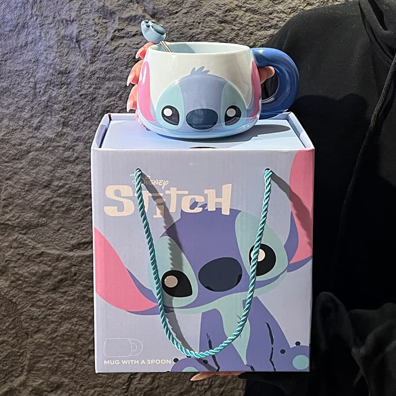 Stitch Ceramic Big Belly Mug Gift Box Set with Spoon Creative High Appearance Mug with Lid Souvenir Wholesale