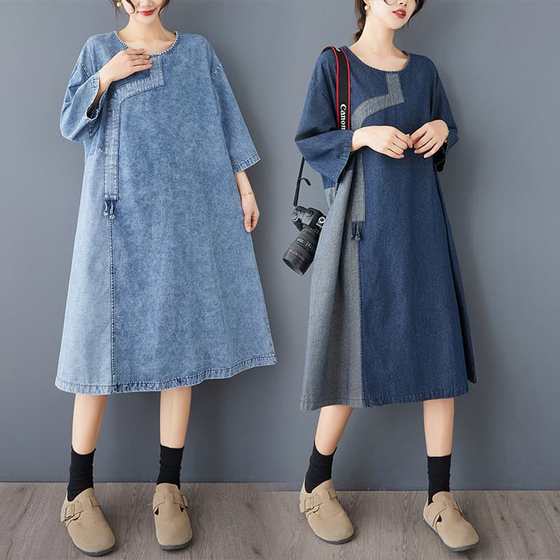 New spring and autumn denim splicing dress for women, retro, elegant, comfortable, loose and atmospheric denim skirt
