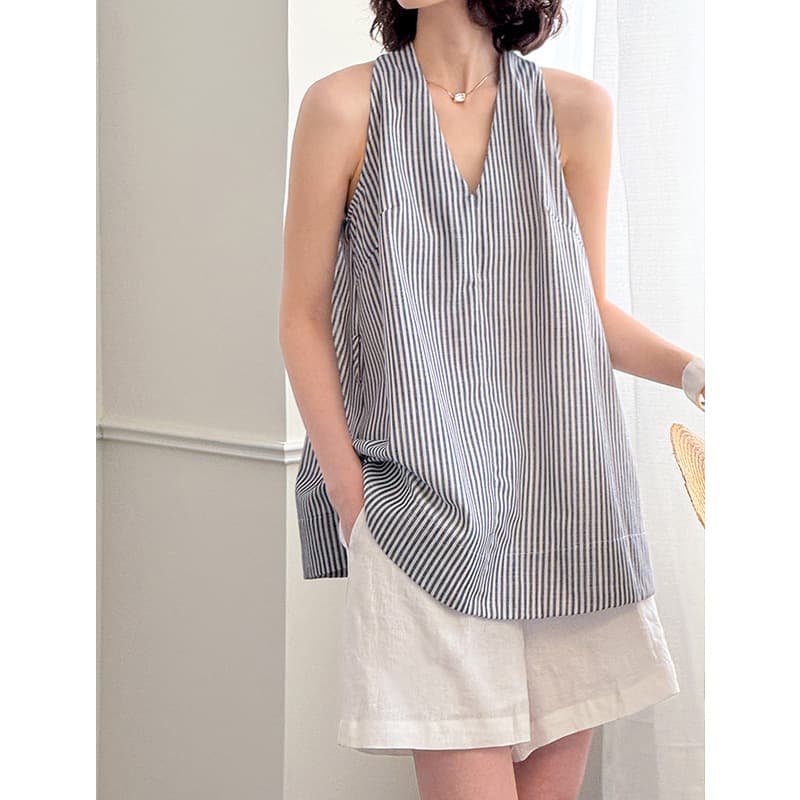 Juzhi summer new V-neck striped sleeveless design niche shirt top 55016