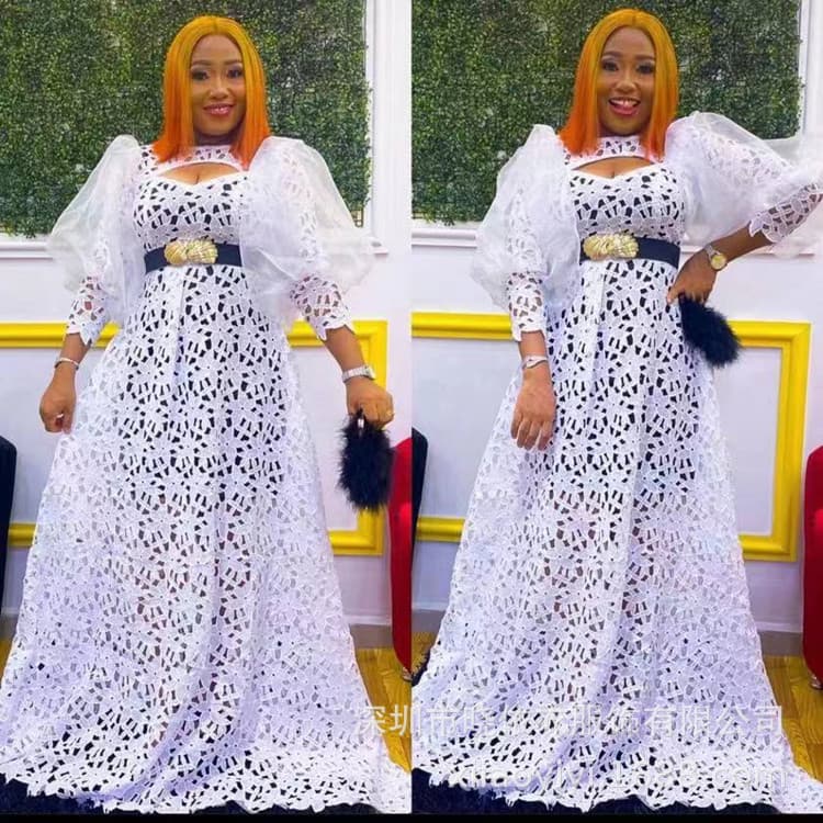 Amazon Cross-border Spring/Summer Plus Size Women's Bubble Long Sleeve Lace Water-soluble High-waist Flared Evening Dress