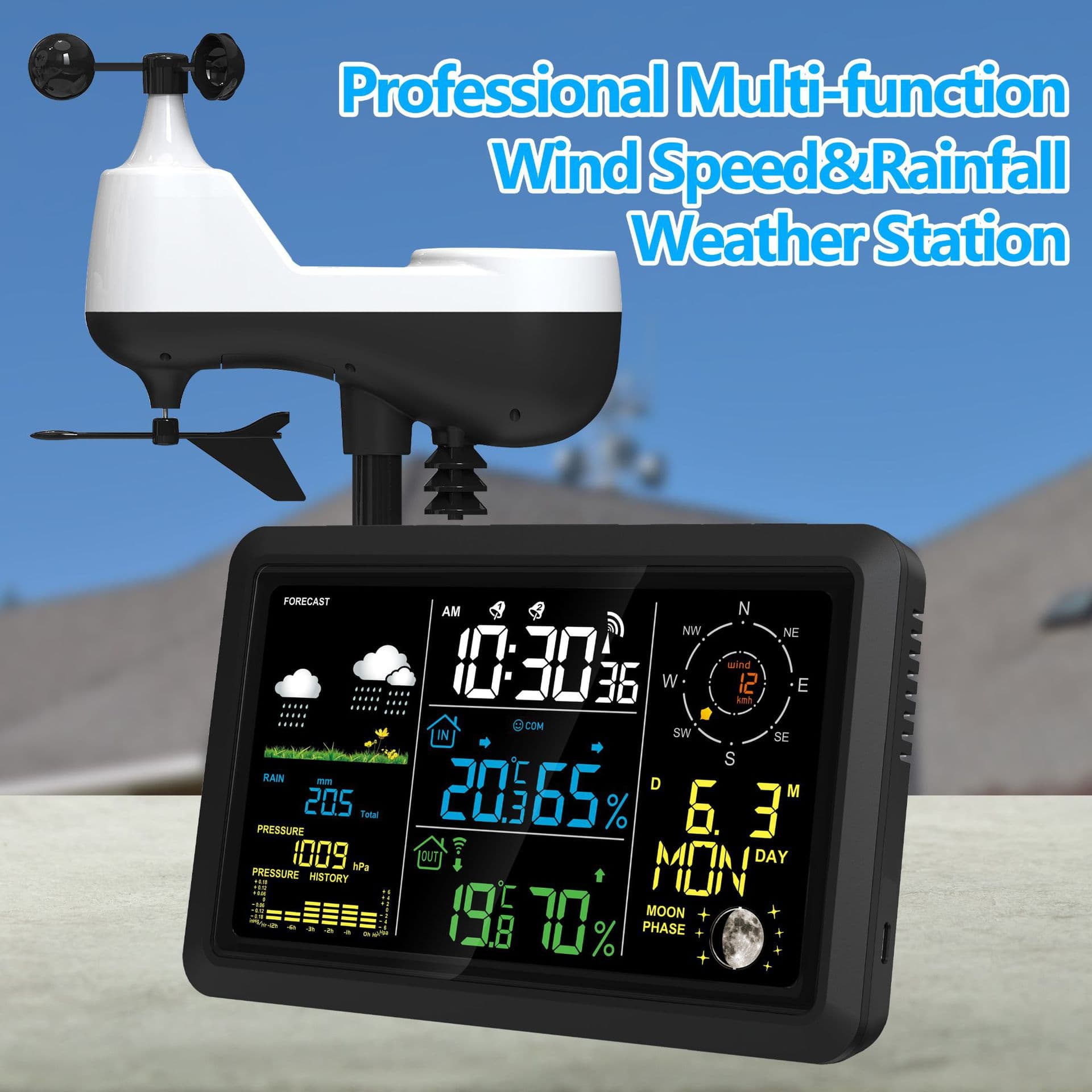 Multifunctional Wind Speed and Rainfall Weather Station Electronic Alarm Clock Indoor and Outdoor Temperature Humidity Barometer Clock Calendar