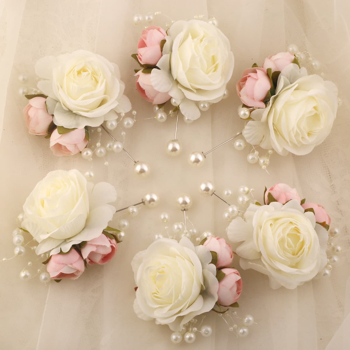 6PCS Forest Romantic Wedding Beaded Pink Corsage Faux Rose Parent Guest Dress Lapel Flower Accessory XH102