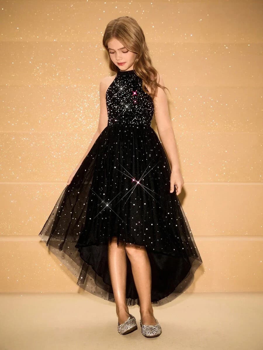 European and American Girls Sequin Star Mesh Tulle Dress for Banquet Party Dress Star Sequin Girls Evening Gown