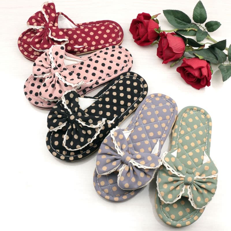 Korean Style Three-Layer Thick Fabric Slippers with Polka Dot Bow, Women's Summer Wooden Floor Slippers