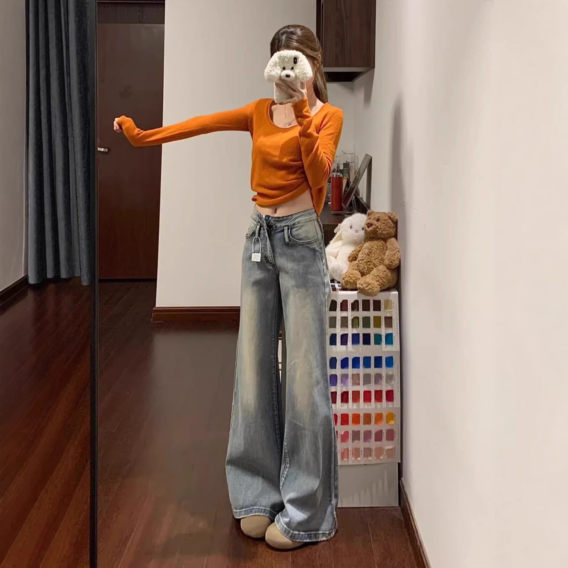 American Retro Flared Jeans for Women, Spring Slimming Low-Rise Non-Clinging Flared Pants, Loose Wide-Leg Bell-Bottom Jeans