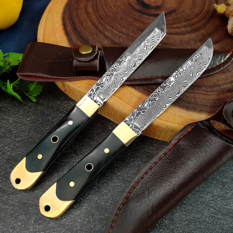 Damascus Pattern Meat Knife, Outdoor Camping Barbecue Knife, Double Copper Head Fruit Knife, Barbecue Meat Eating Tools