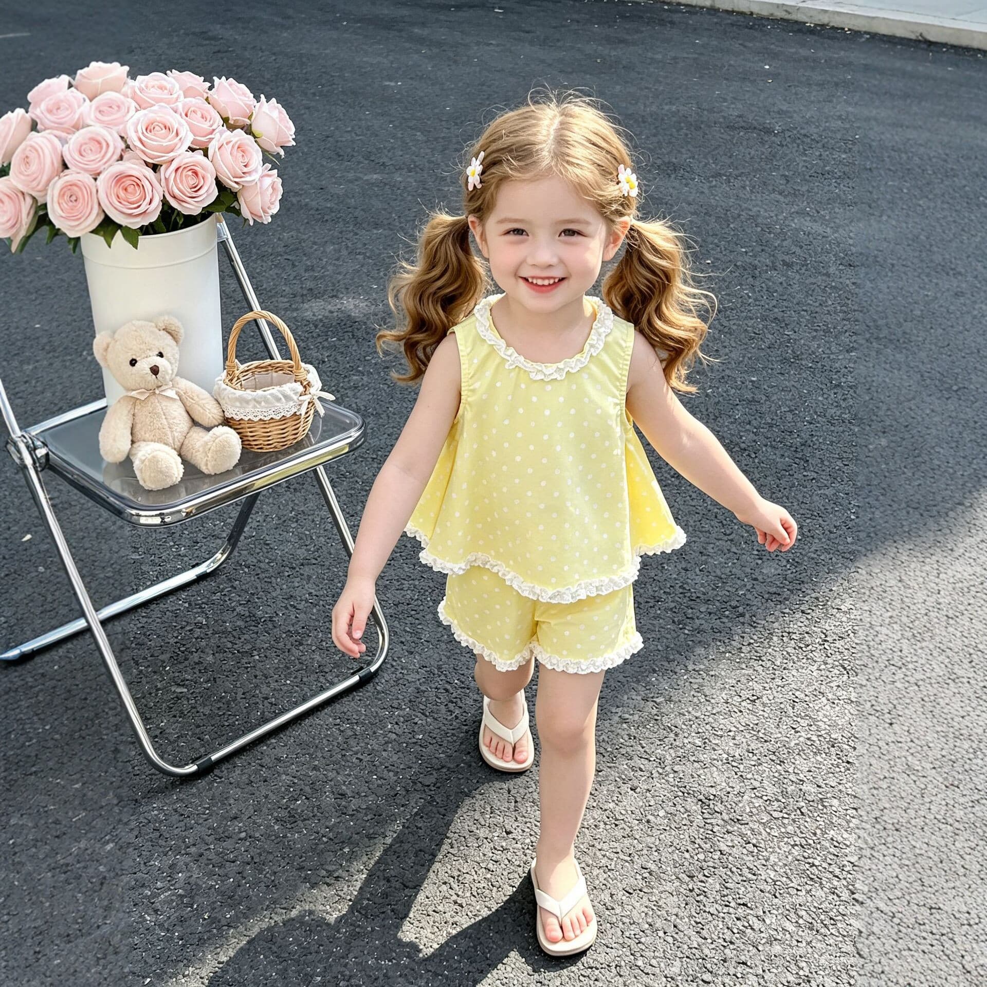 New solid color polka dot lace suit for baby girl thin sleeveless top shorts summer two-piece set 26121