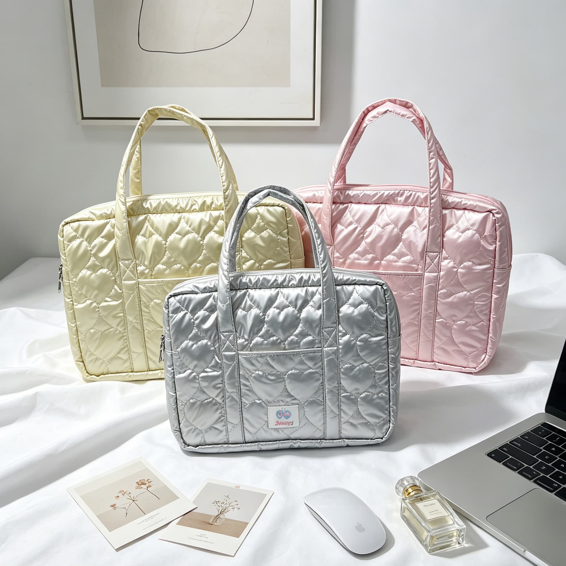 Large Capacity PU Quilted Laptop Tote Bag Large Capacity Heart Pattern iPad Tablet Protective Sleeve Storage Bag