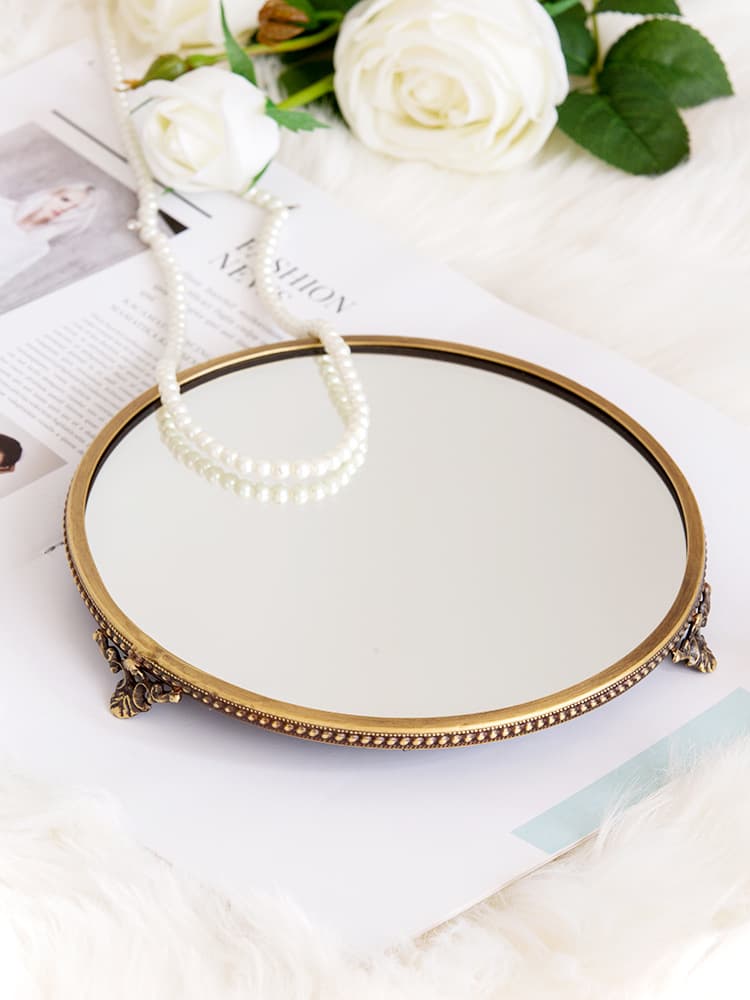 Vintage Yellow Mirror Round Tray Decorative Ornament Set, Light Luxury Vanity Jewelry Storage Tray