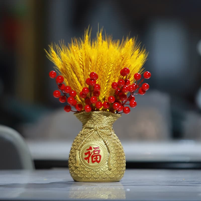 Flat-mouth gold fortune bag money pouch wheat ear living room decoration artificial flower red fruit ornament for business opening and housewarming