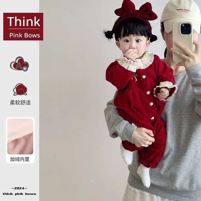 Newborn Baby Clothes Autumn Winter New Onesie Fleece-Lined Bodysuit Baby Winter 100-Day Dress Warm Romper