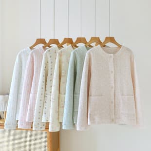 Autumn Winter Air Cotton Pajamas for Women Warm Cotton-Padded Long Sleeve Cardigan Homewear Set Simple Print Loose Full Cotton