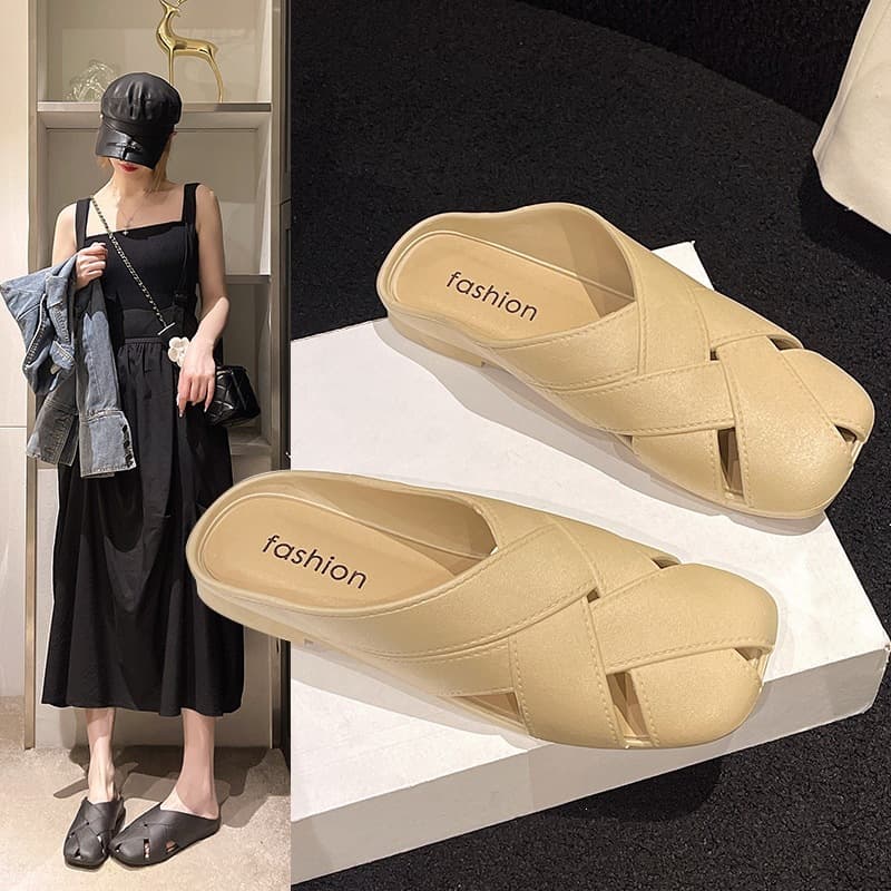 Temperament Baotou cool half slippers for women summer outer wear 2024 new summer lazy Chinese Mule shoes versatile style