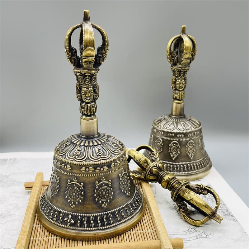 Nepal Five-Pronged Phurba Vajra Bell and Dorje with Eight Auspicious Symbols Engraved, Clear-Sounding Ritual Bell, Awakening Bell Ornament