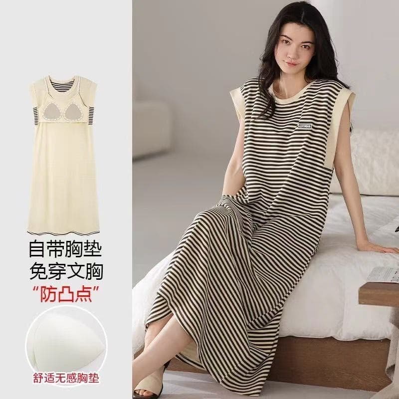 New Summer Black Striped Women's Pajamas with Bra Pads, Mid-Length Popular Nightdress, Suitable for Outdoor Wear, Plus Size Loungewear
