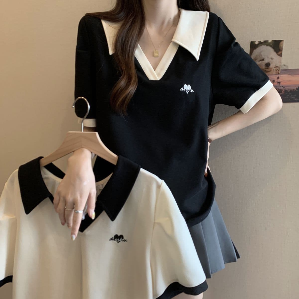 Plus Size Women's T-Shirt, Belly-Covering Slimming Polo Collar Color-Block Short Sleeve Tee, Summer Casual Regular-Fit Top for Curvy Women, Youthful Look