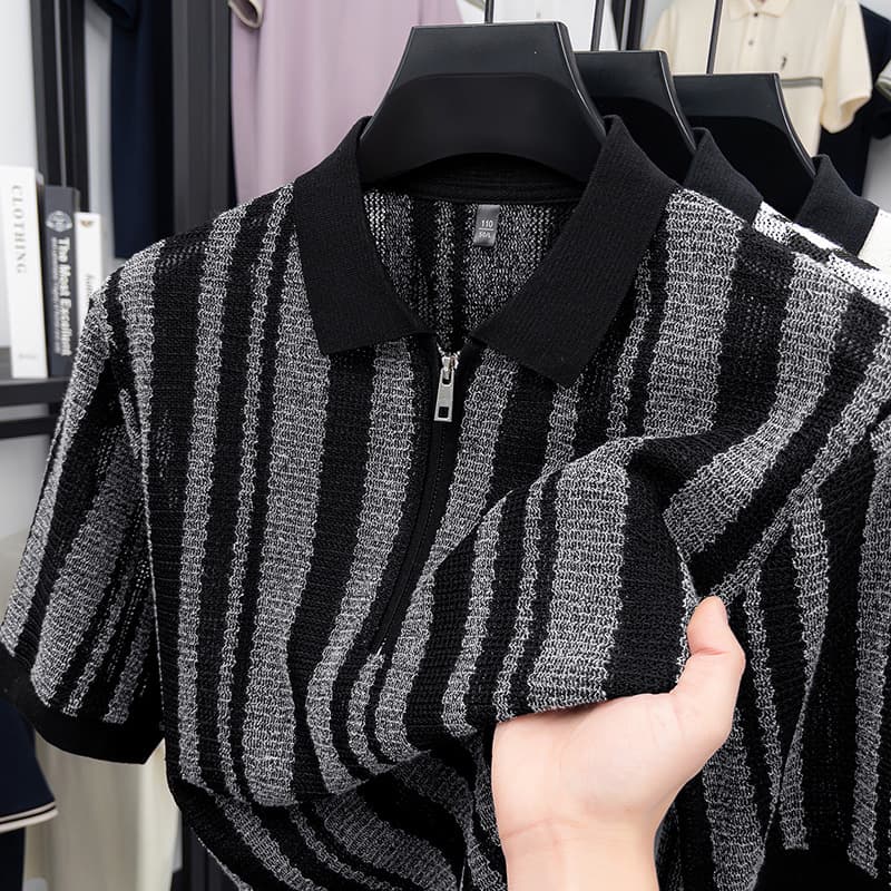26 New Striped Men's Short-Sleeve POLO Shirt Fashion Lapel Knit T-Shirt Top Cross-Border Drop Shipping Polo Shirt