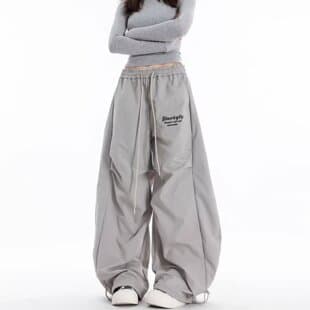 American Retro Streetwear Versatile Parachute Pants Women's Slim Pleated Casual Pants Embroidery Drawstring Draping Curved Long Pants