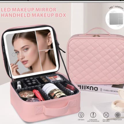 Cross-border Diamond Quilted Makeup Bag with Mirror and Light, PU Leather Cosmetic Organizer Box Case, New Internet Celebrity Style