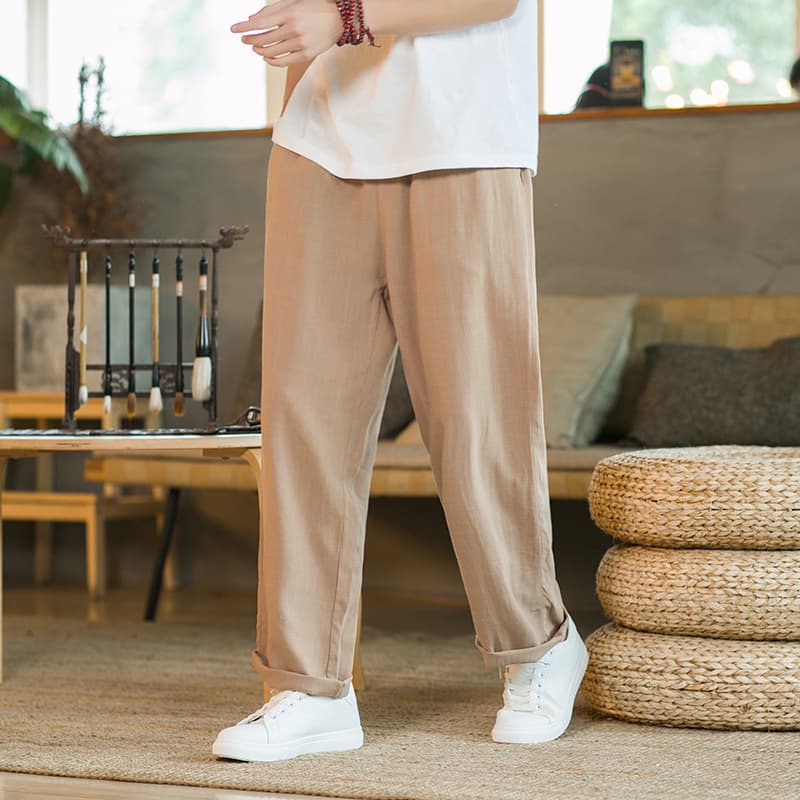 2026 Spring New Cotton Linen Casual Pants Men Drape Elastic Linen Chinese Style Straight Leg Trousers Plus Size Men's Pants Trendy