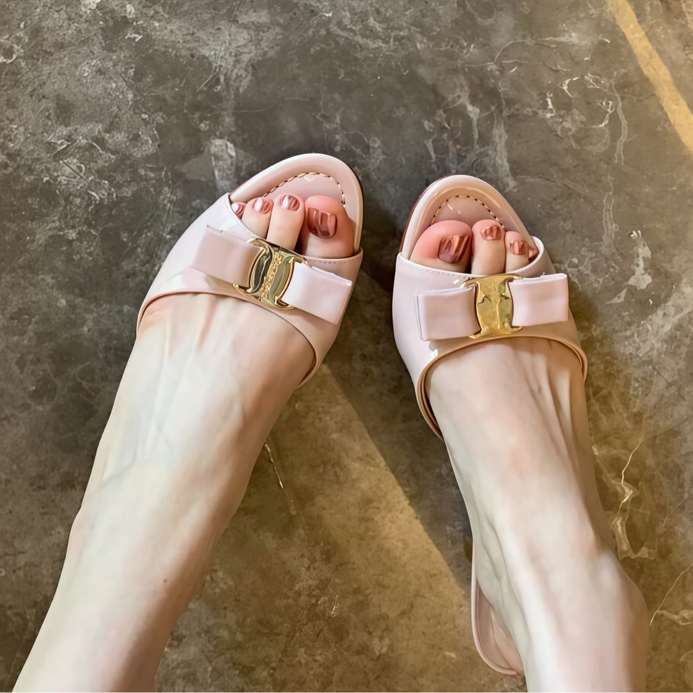 Chuyuji Nude Pink Gold Buckle Bow Thin Heel Sandals for Women, One-Strap Half Slippers to Match Dresses