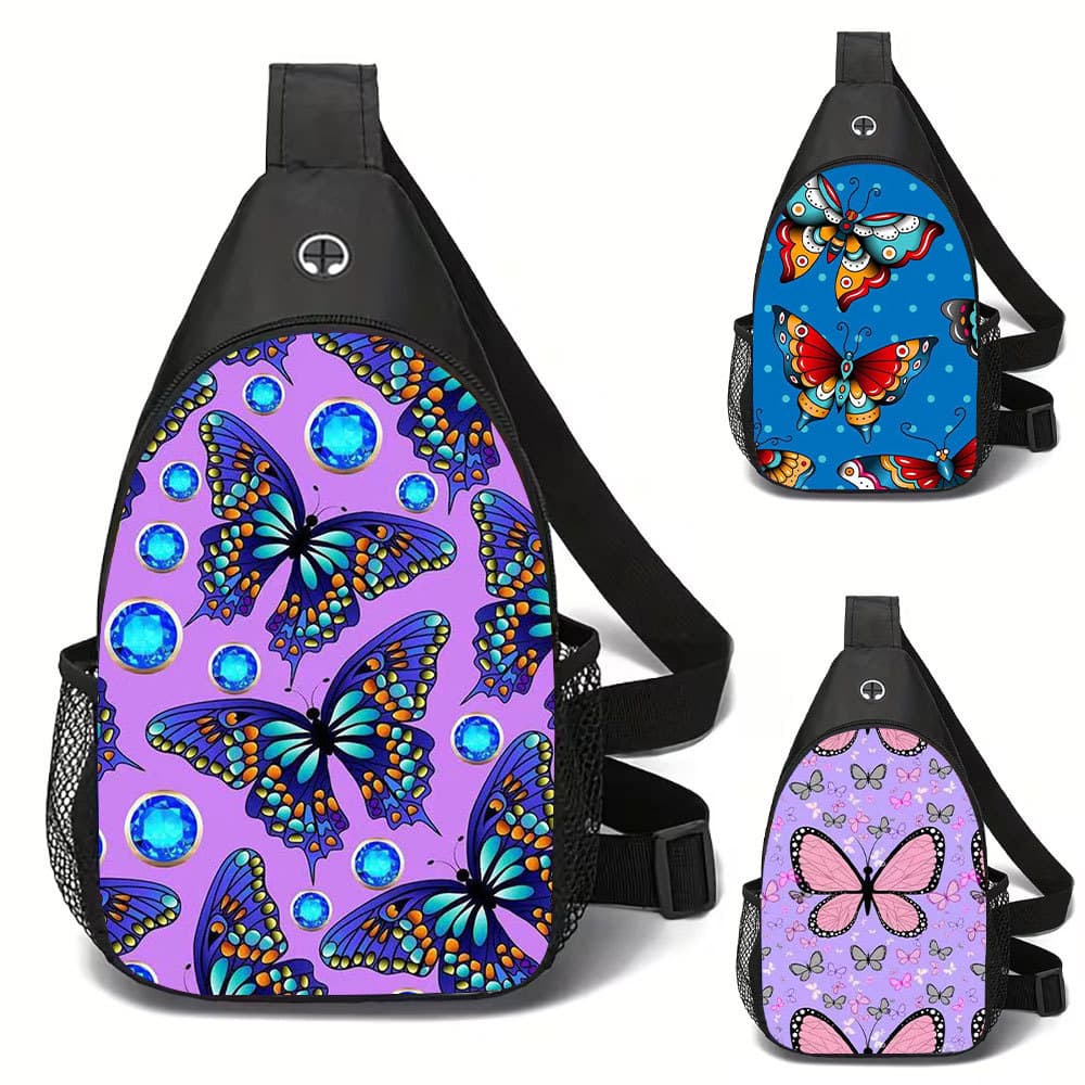 Amazon oblique butterfly shoulder bag primary and secondary school students casual chest bag printed casual bag crossbody chest bag sports shoulder bag