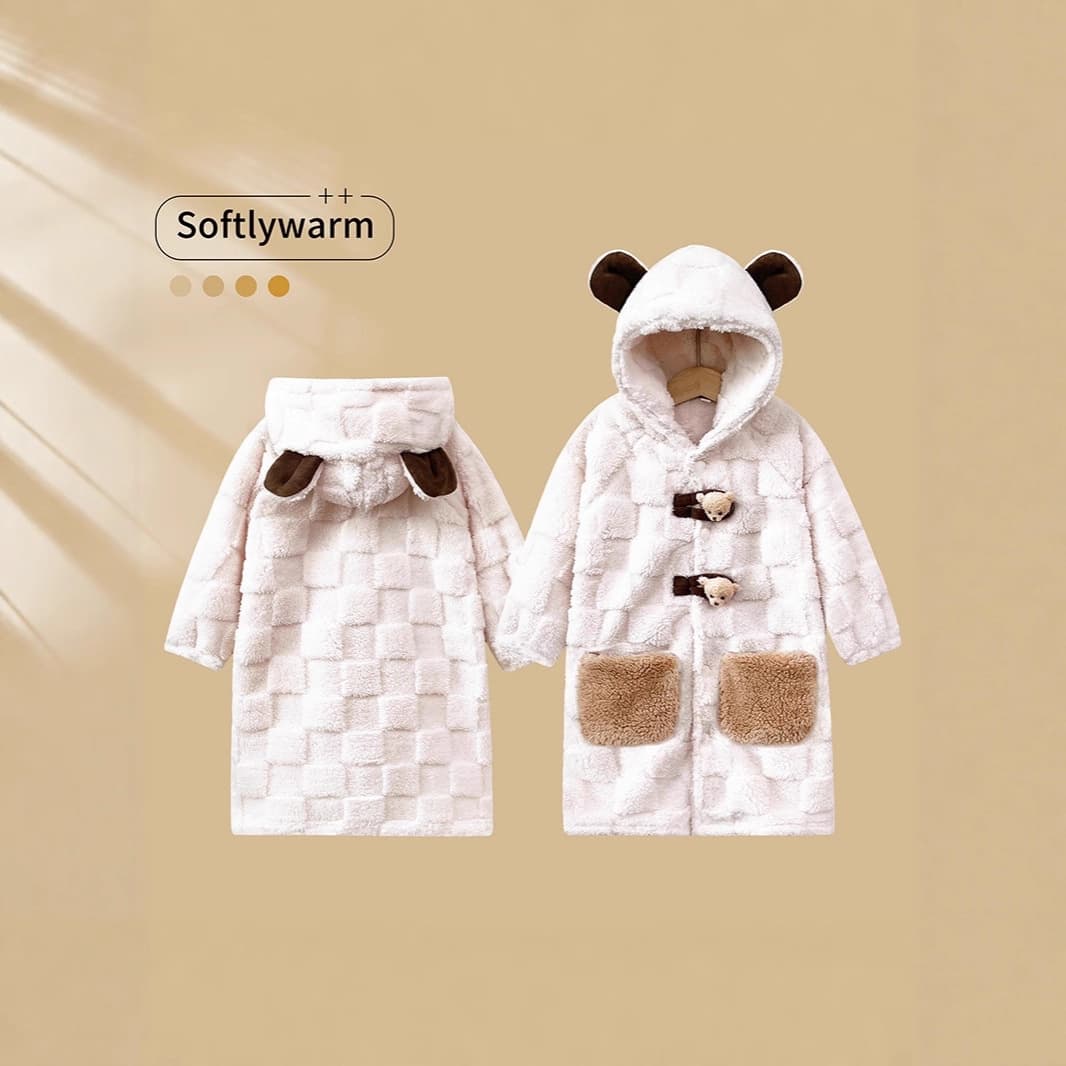 Winter Children's Coral Fleece Robe, Boys and Girls Thick Flannel Hooded Pajamas, Baby Outdoor Warmth Homewear