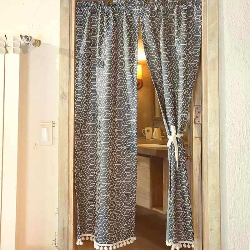 Iris Township Brigade punch-free Nordic navy blue geometric curtain door curtain half curtain cabinet curtain rod pasting