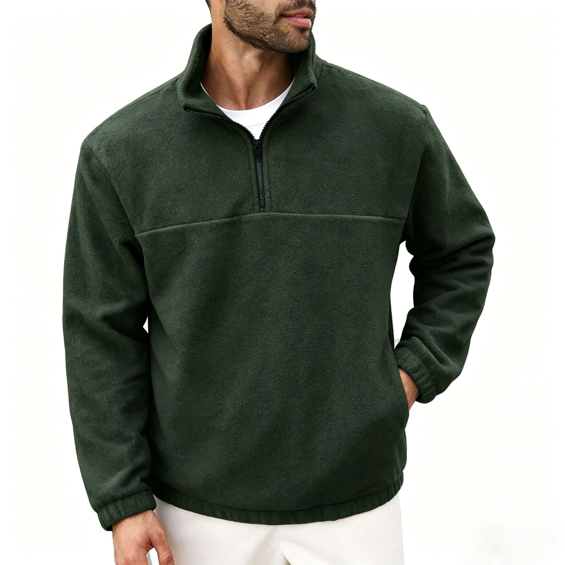 Army Green Men's Polar Fleece Half-Zip Sweatshirt Autumn and Winter Thickened Warm Stand Collar Casual Pullover Cross-Border Hot