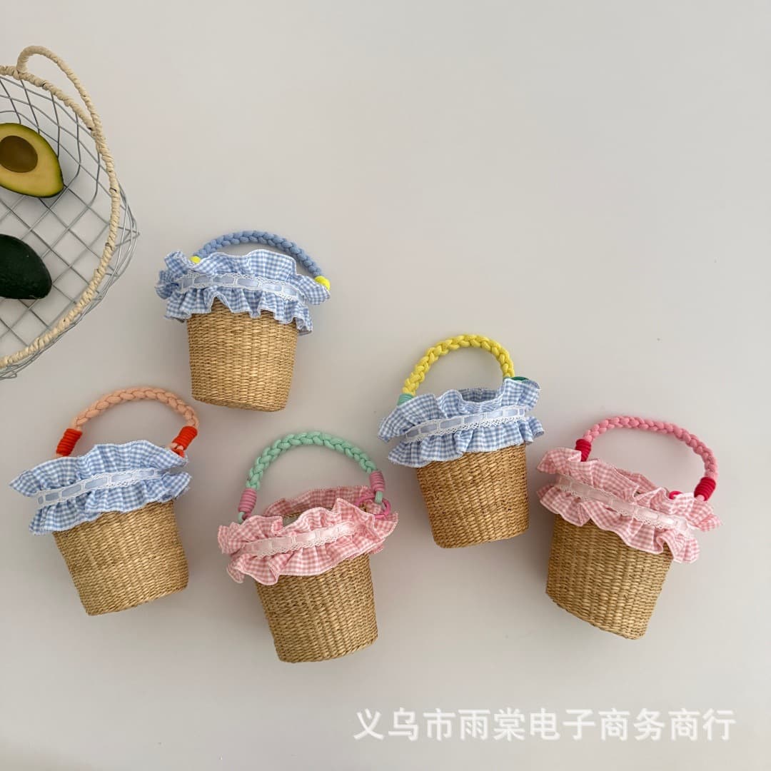 Children's Handbag Sweet Plaid Lace Rattan Small Basket Girl Baby Concave Shape Photo Handbag