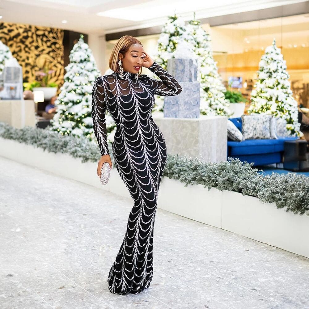 European and American African long-sleeved evening dress with stretch sequins, fishtail skirt, with inner skirt, gold and silver.